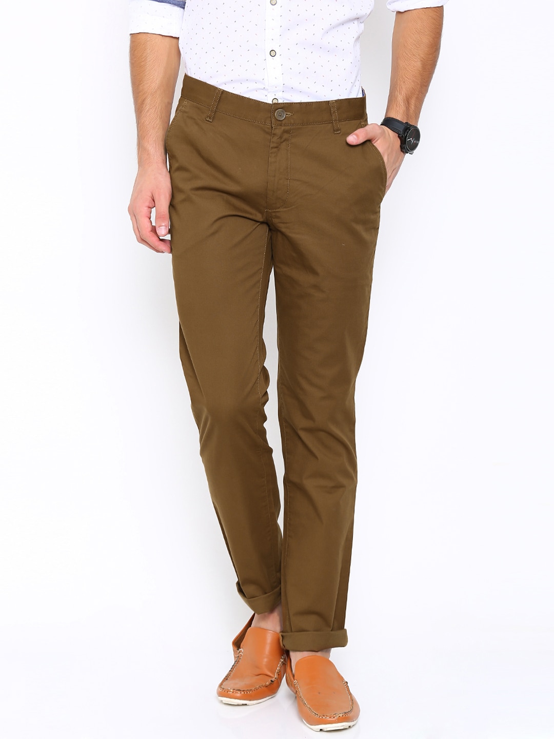 John Players Men Brown Slim Fit Solid Chinos