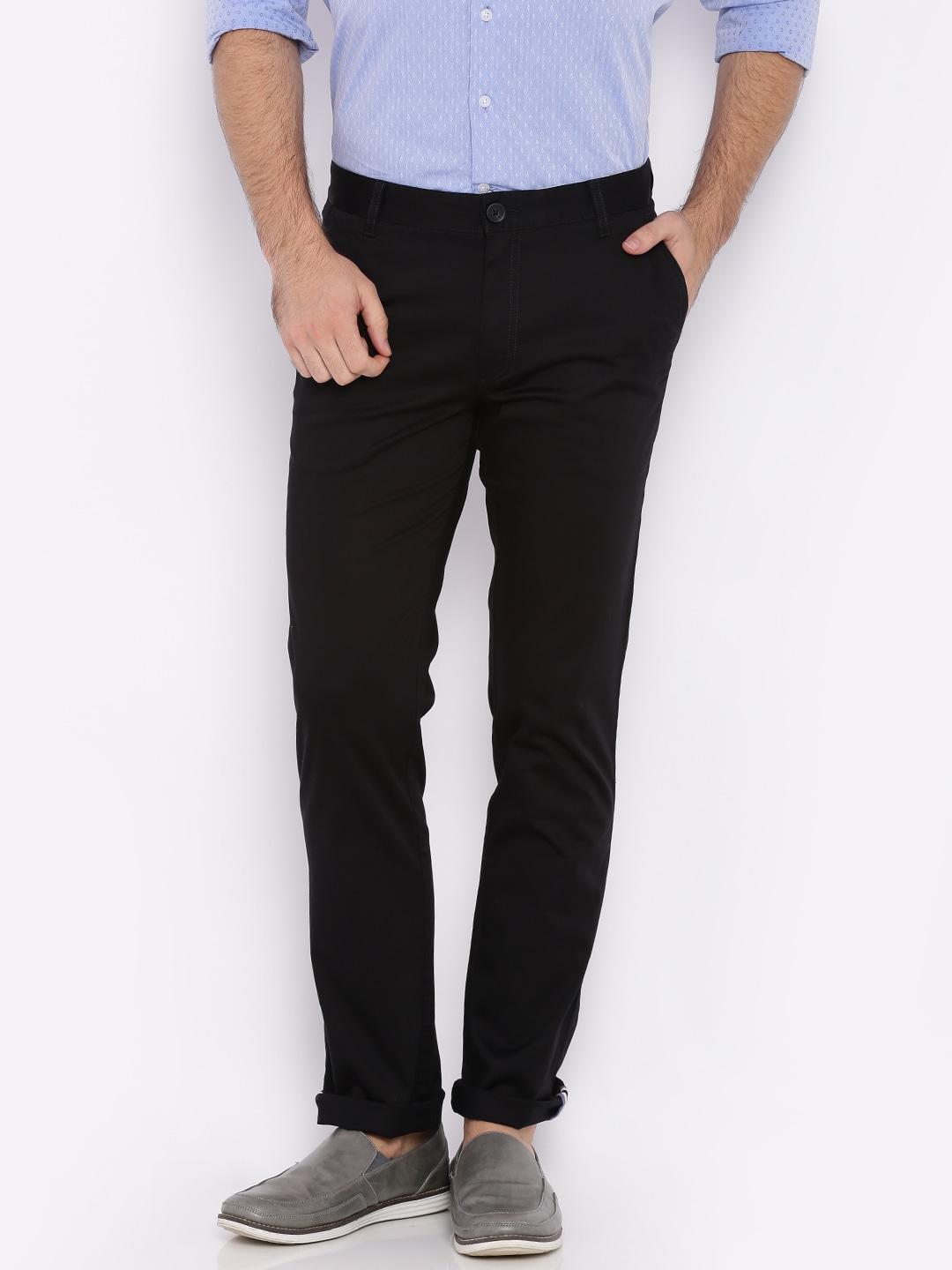 John Players Men Black Solid Slim Fit Flat-Front Trousers