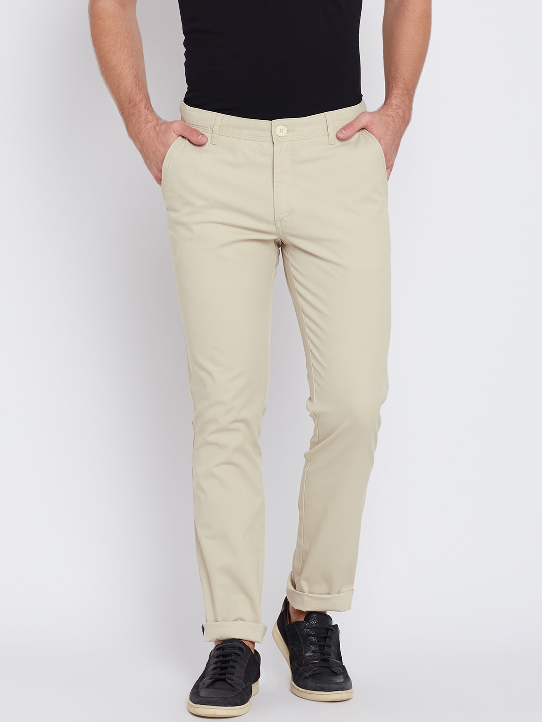 John Players Men Cream-Coloured Solid Slim Chino Trousers