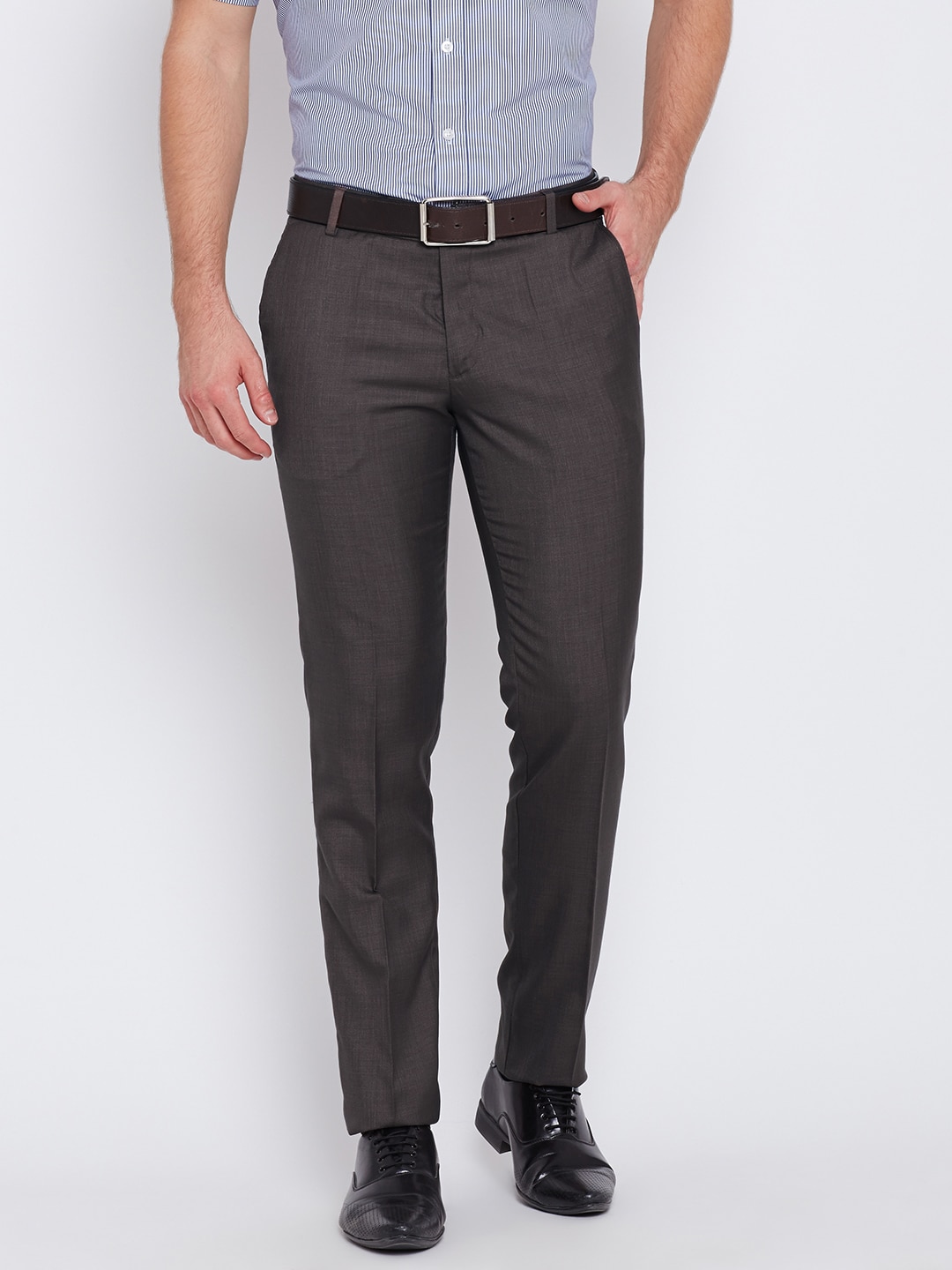 John Players Men Brown Solid Slim Fit Flat-Front Trousers