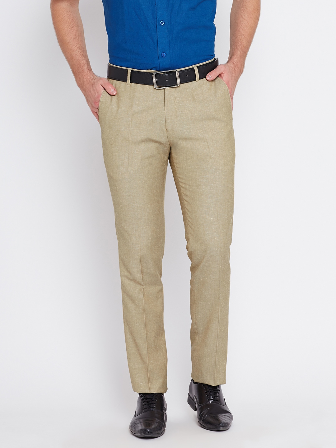 John Players Men Beige Solid Slim Flat-Front Formal Trousers