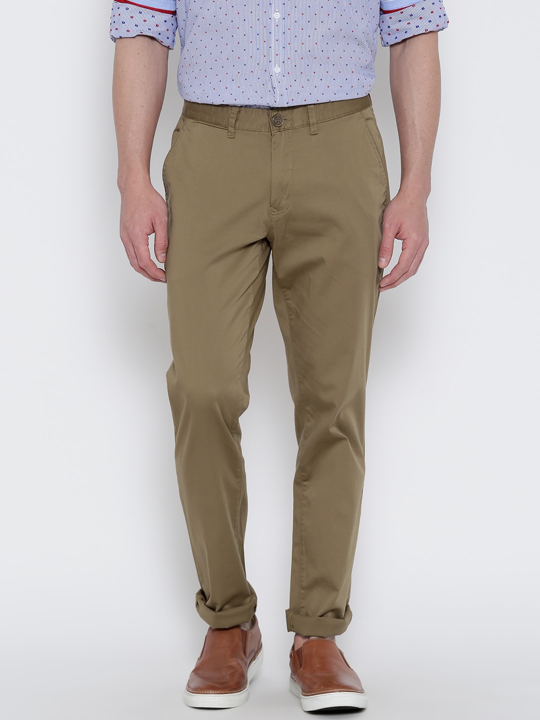 John Players Men Olive Green Solid Slim Fit Flat-Front Trousers