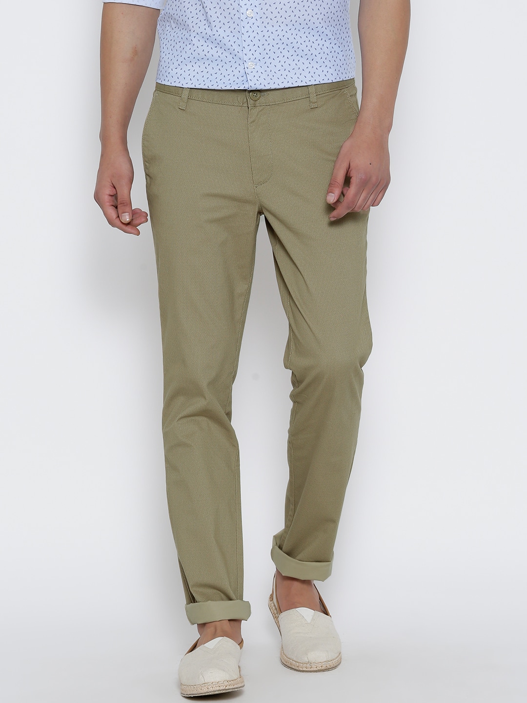 John Players Men Olive Green Printed Slim Fit Flat-Front Trousers