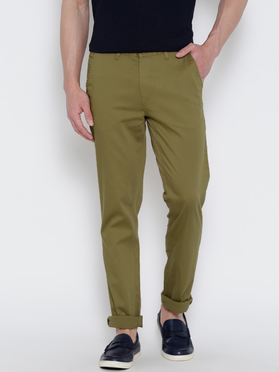 John Players Men Olive Green Solid Slim Fit Chino Trousers