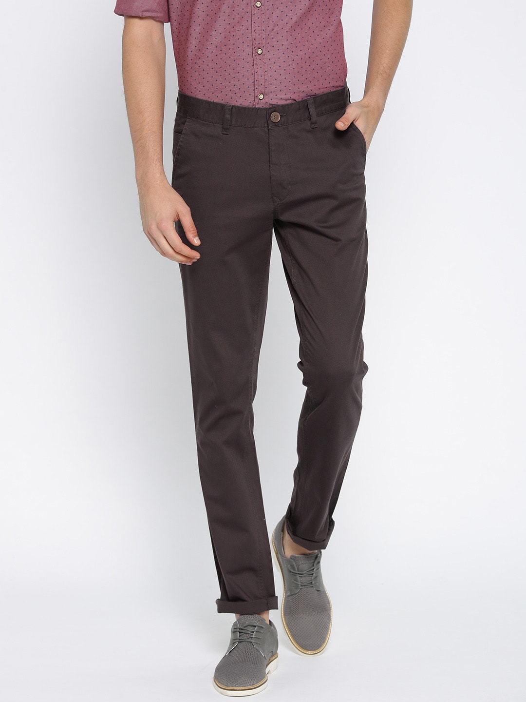 John Players Men Coffee Brown Solid Slim Fit Flat-Front Trousers