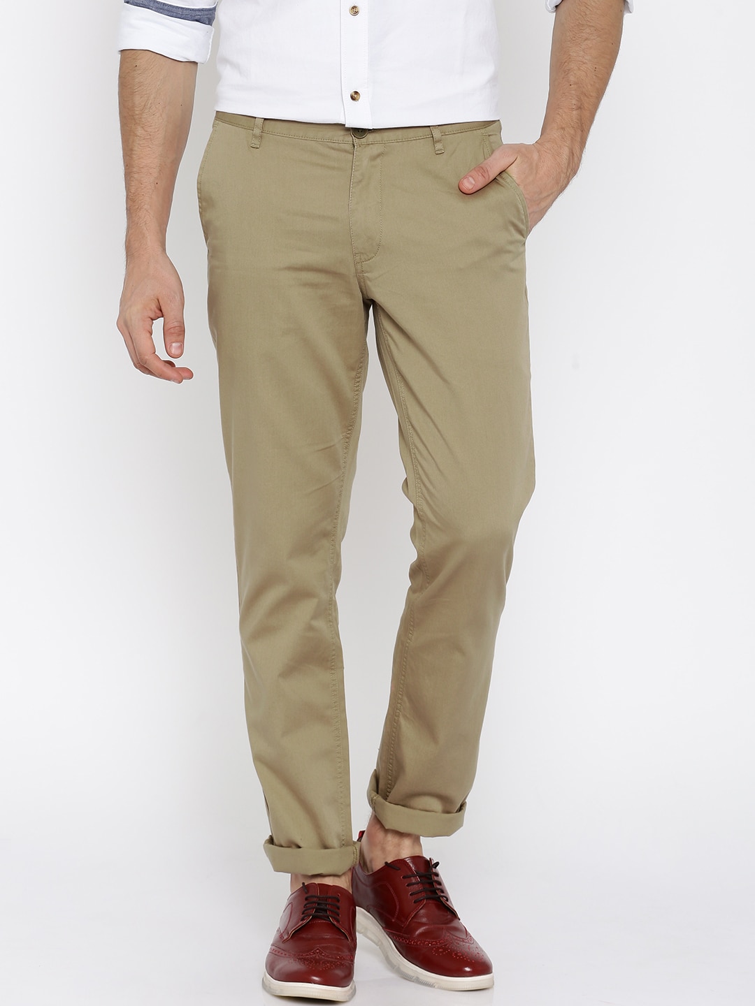 John Players Men Beige Solid Slim Fit Flat-Front Trousers