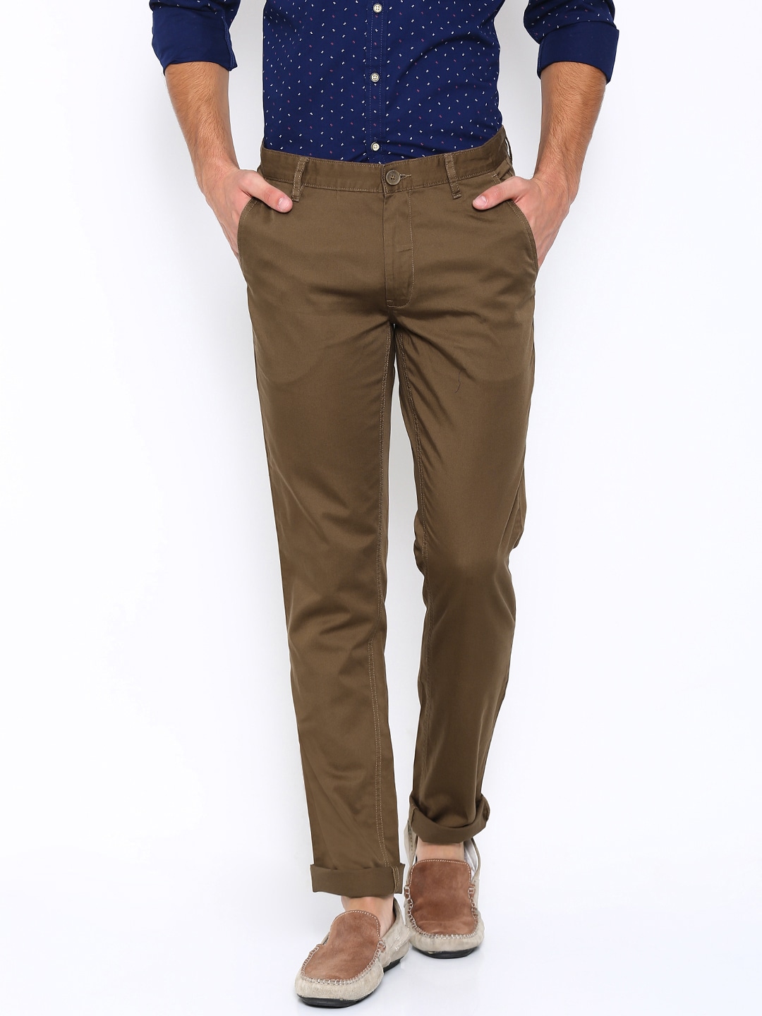 John Players Men Brown Solid Slim Fit Flat-Front Trousers