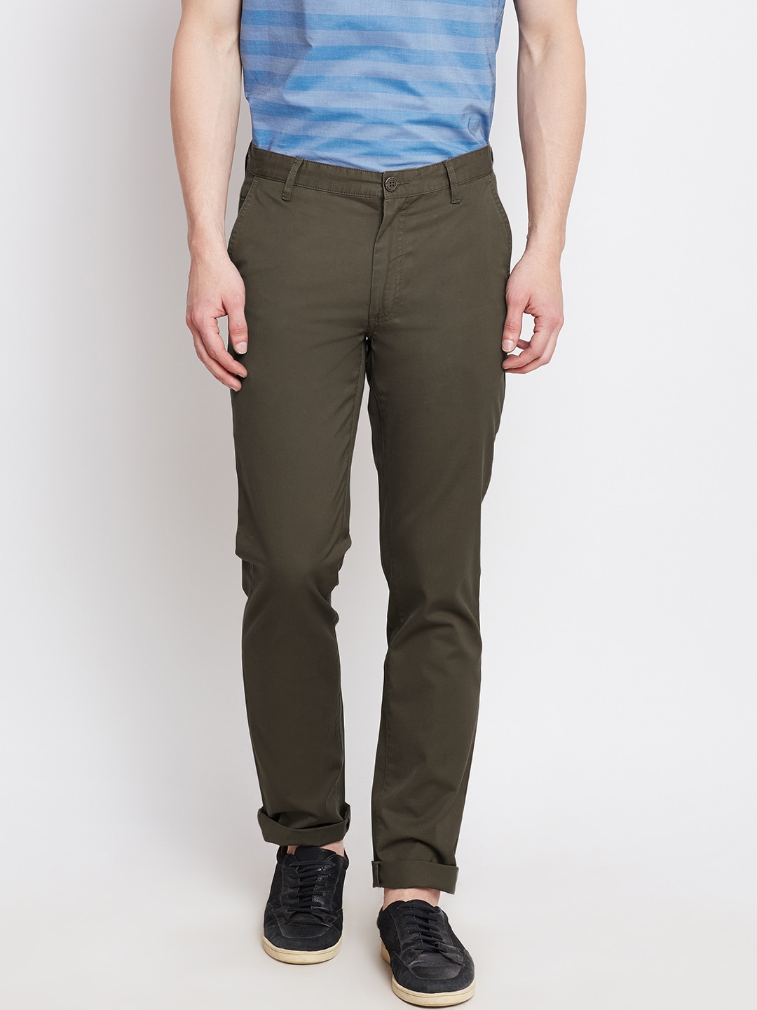 John Players Men Olive Brown Solid Flat-Front Trousers