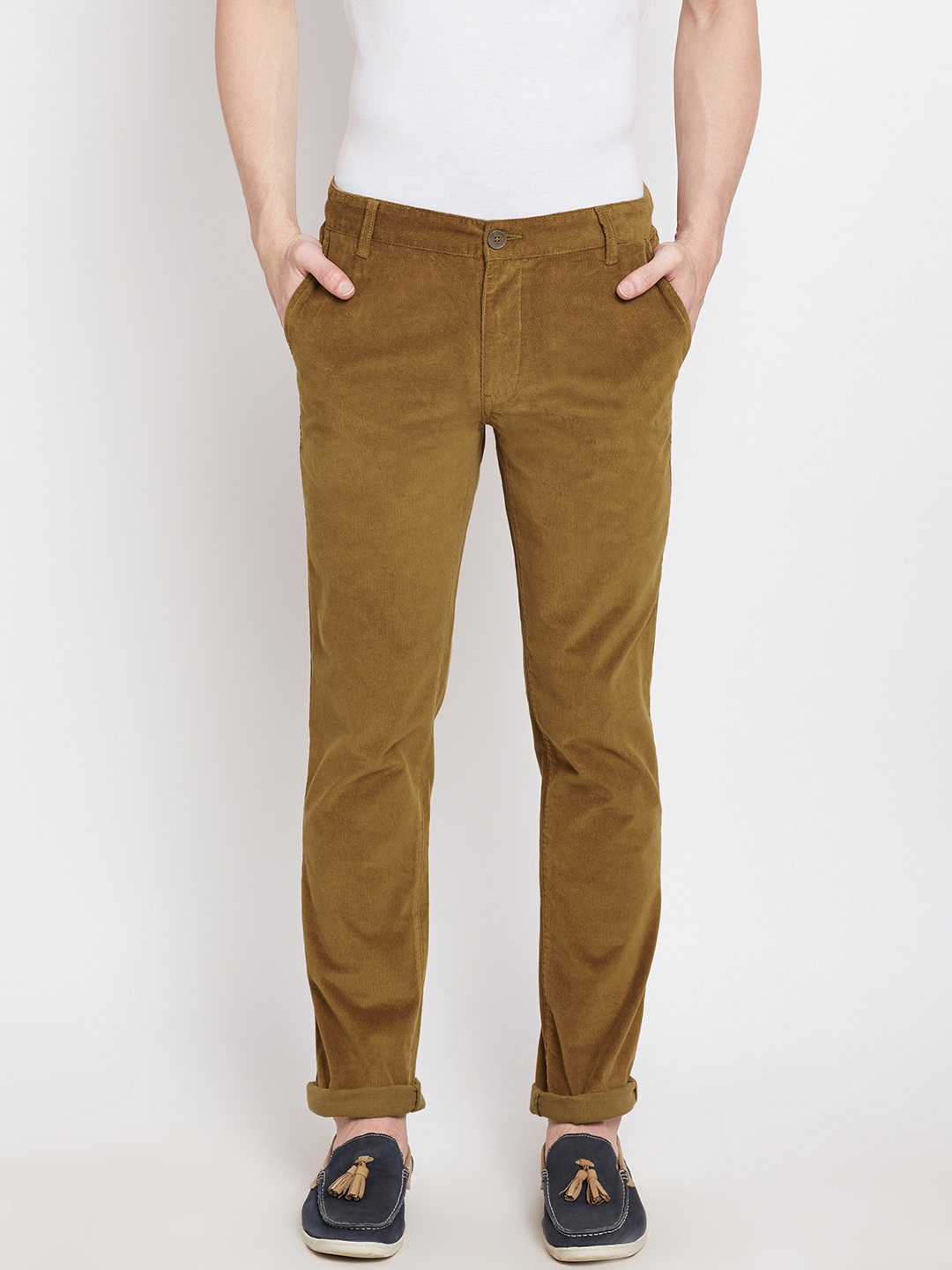 John Players Men Mustard Brown Solid Slim Flat-Front Corduroy Trousers