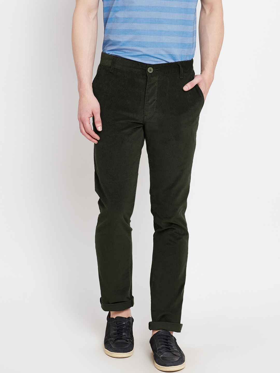 John Players Men Olive Green Solid Slim Fit Flat-Front Corduroy Trousers