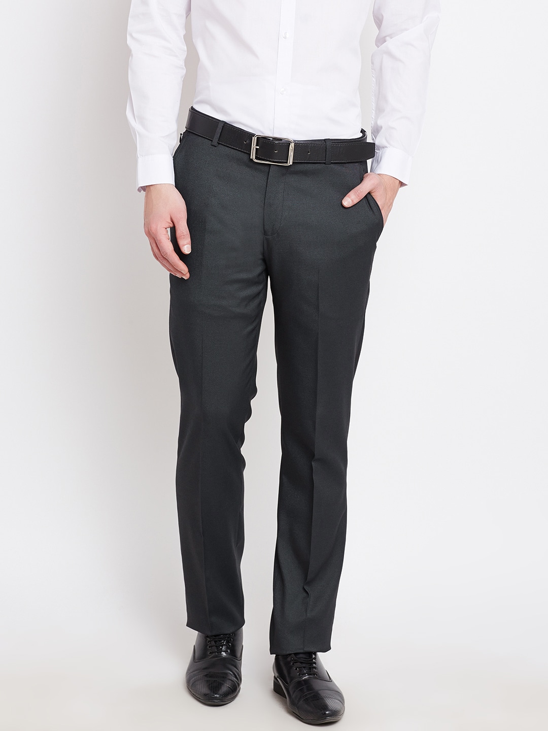 John Players Men Charcoal Grey Solid Slim Fit Flat-Front Formal Trousers