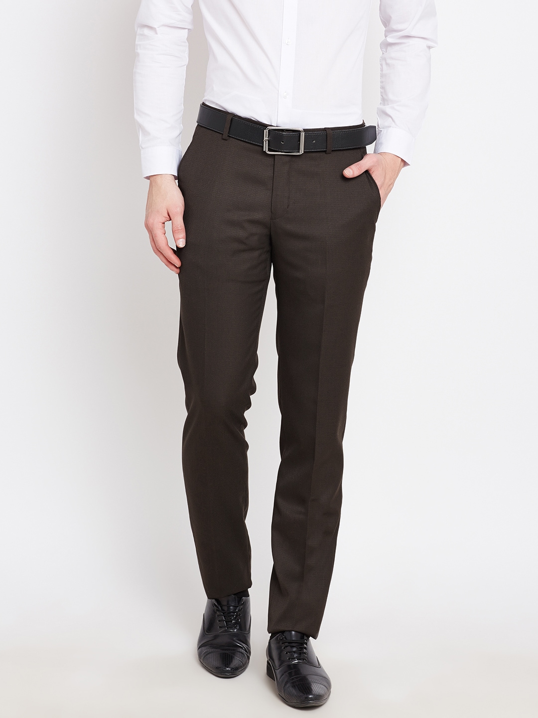 John Players Men Coffee Brown Self-Design Slim Fit Flat-Front Formal Trousers