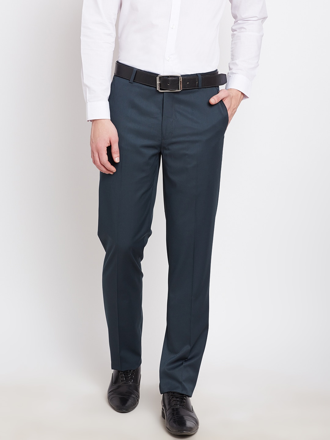 John Players Men Teal Blue Solid Flat-Front Formal Trousers