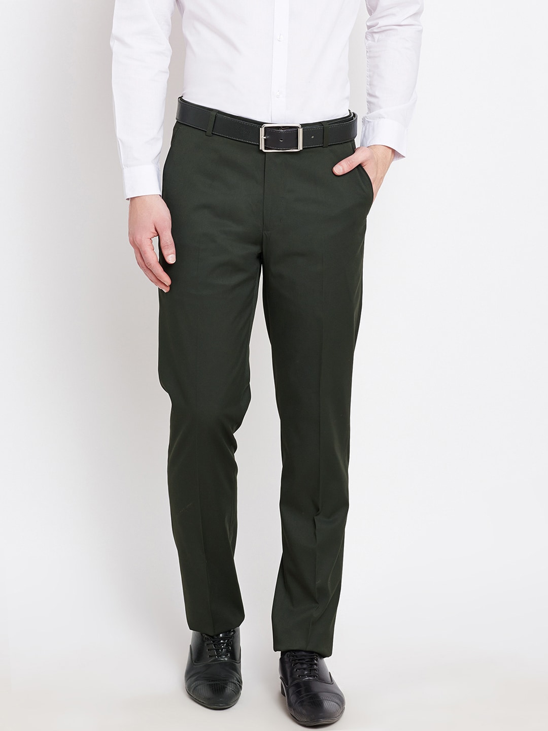 John Players Men Olive Green Solid Flat-Front Formal Trousers