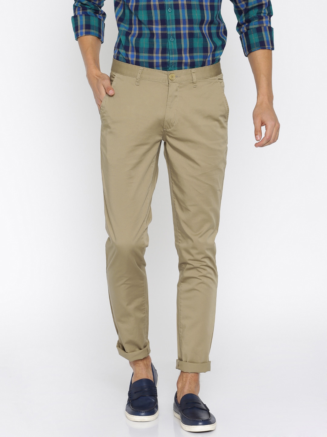 John Players Men Beige Solid Slim Fit Flat-Front Trousers