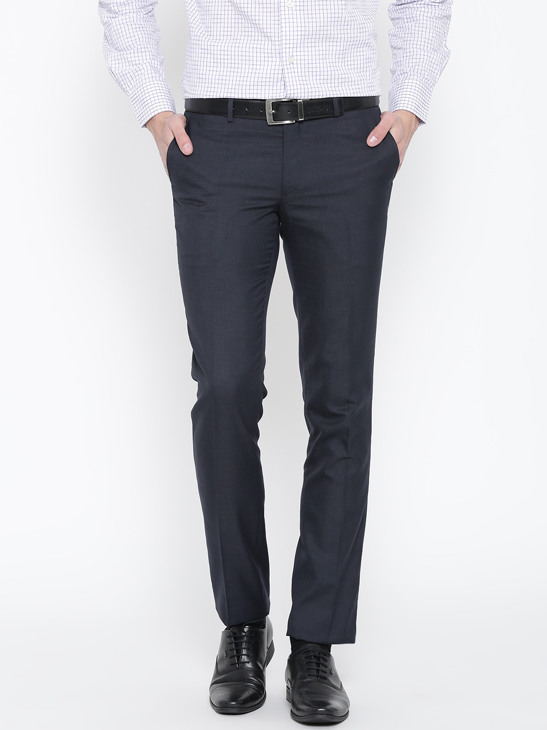 John Players Men Navy Solid Slim Fit Formal Trousers