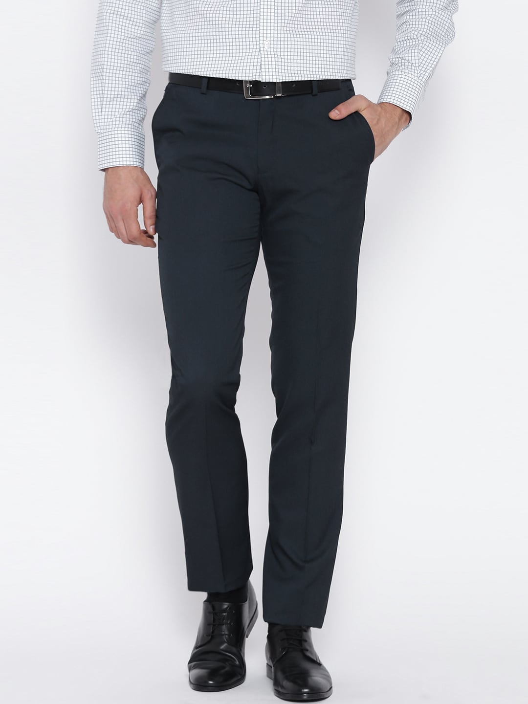 John Players Men Navy Blue Slim Fit Formal Trousers