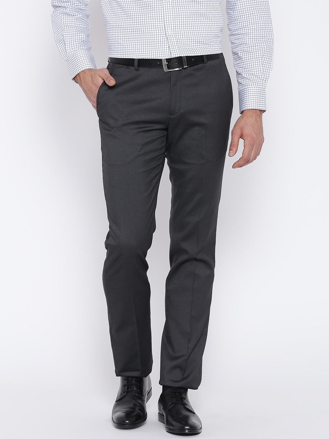 John Players Men Charcoal Grey Slim Fit Formal Trousers