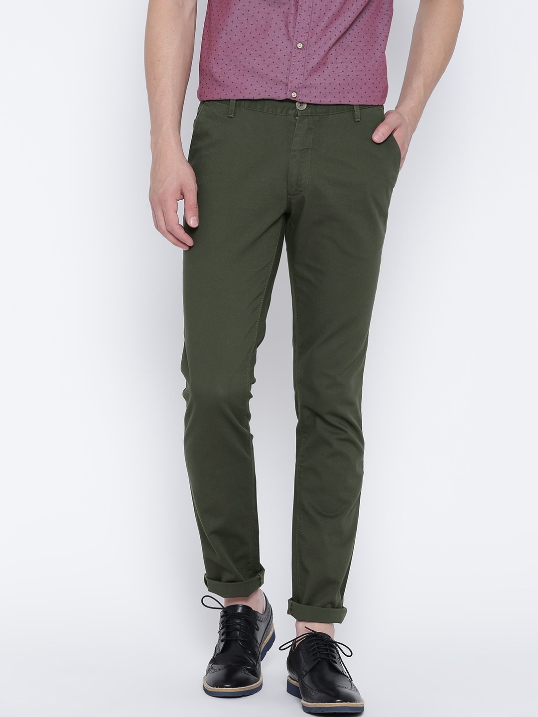 John Players Men Olive Green Slim Fit Solid Chinos