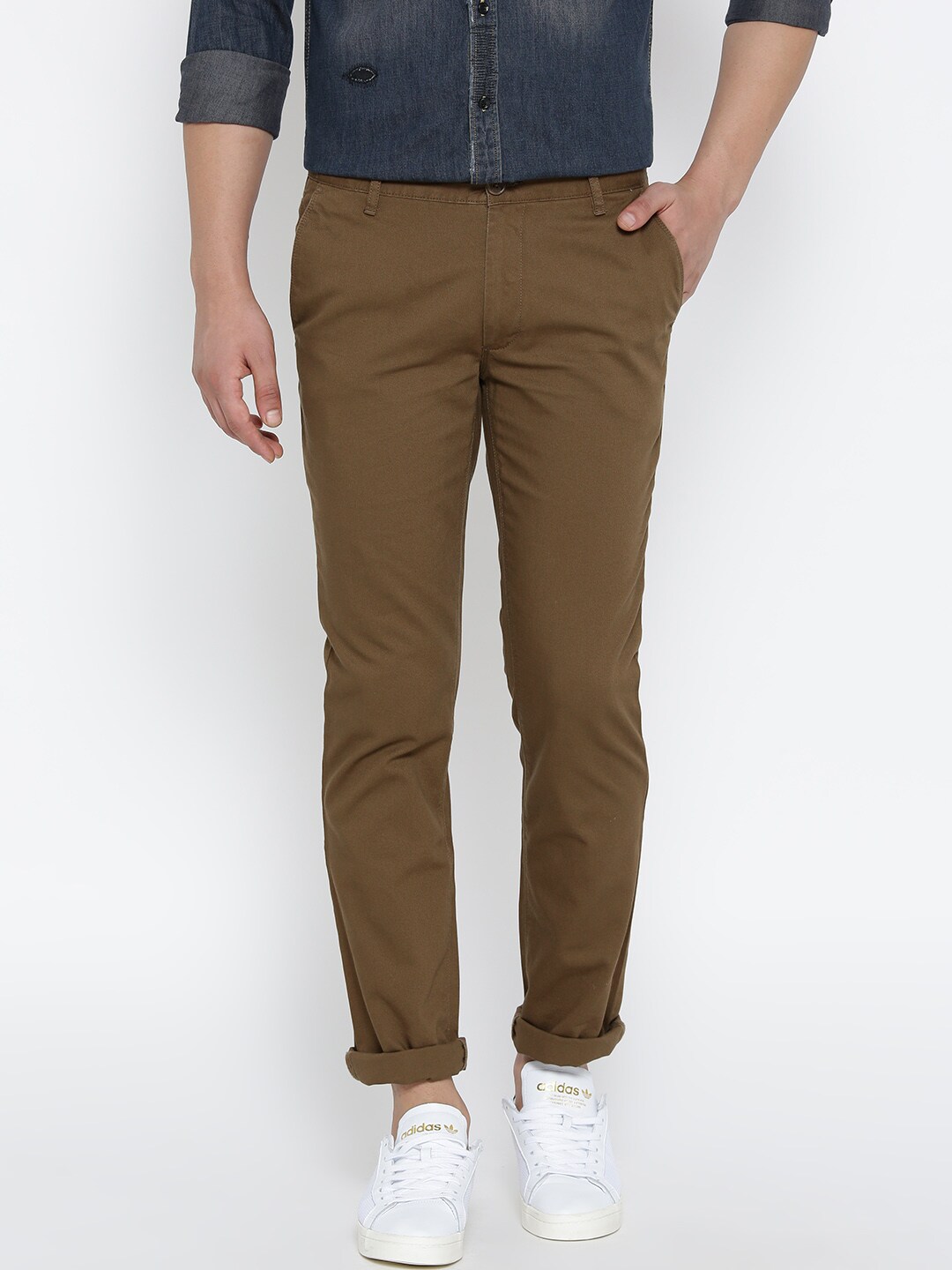 John Players Men Olive Brown Slim Fit Solid Casual Trousers