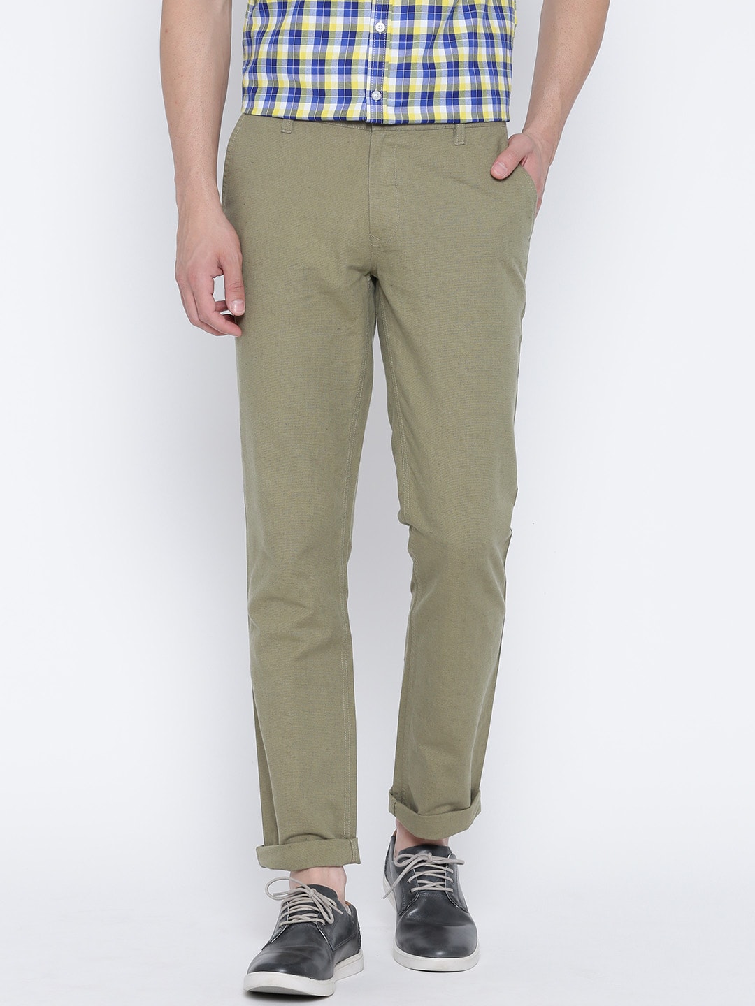 John Players Men Olive Green Slim Fit Solid Trousers