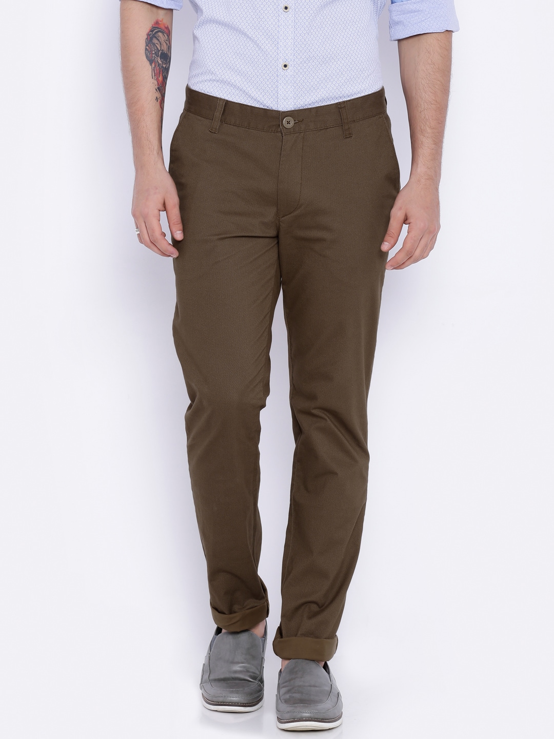 John Players Men Brown Printed Slim Fit Chinos