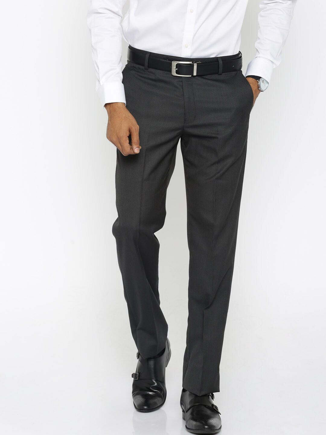 John Players Men Charcoal Grey Regular Fit Formal Trousers