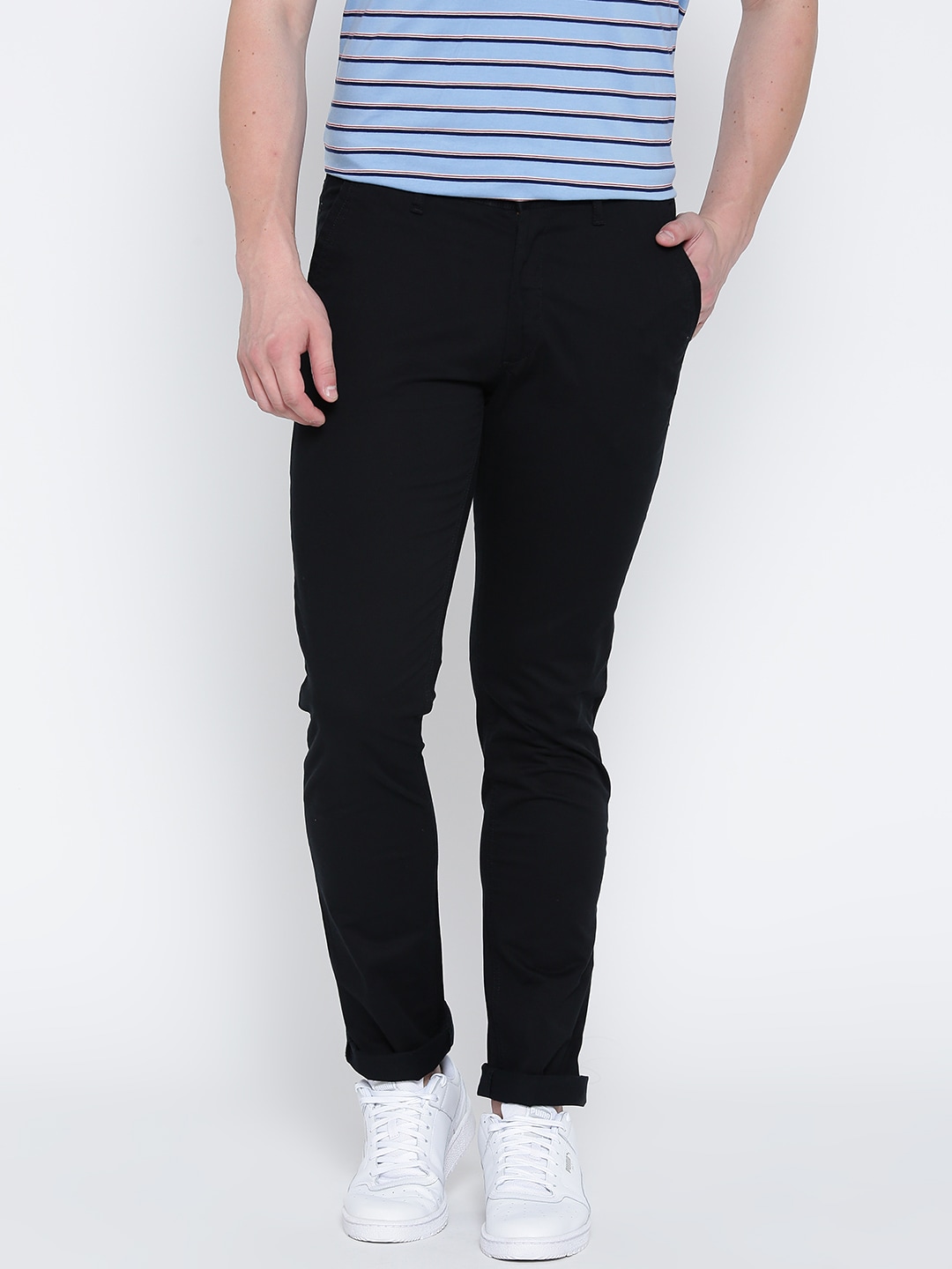 John Players Men Black Slim Fit Solid Casual Trousers