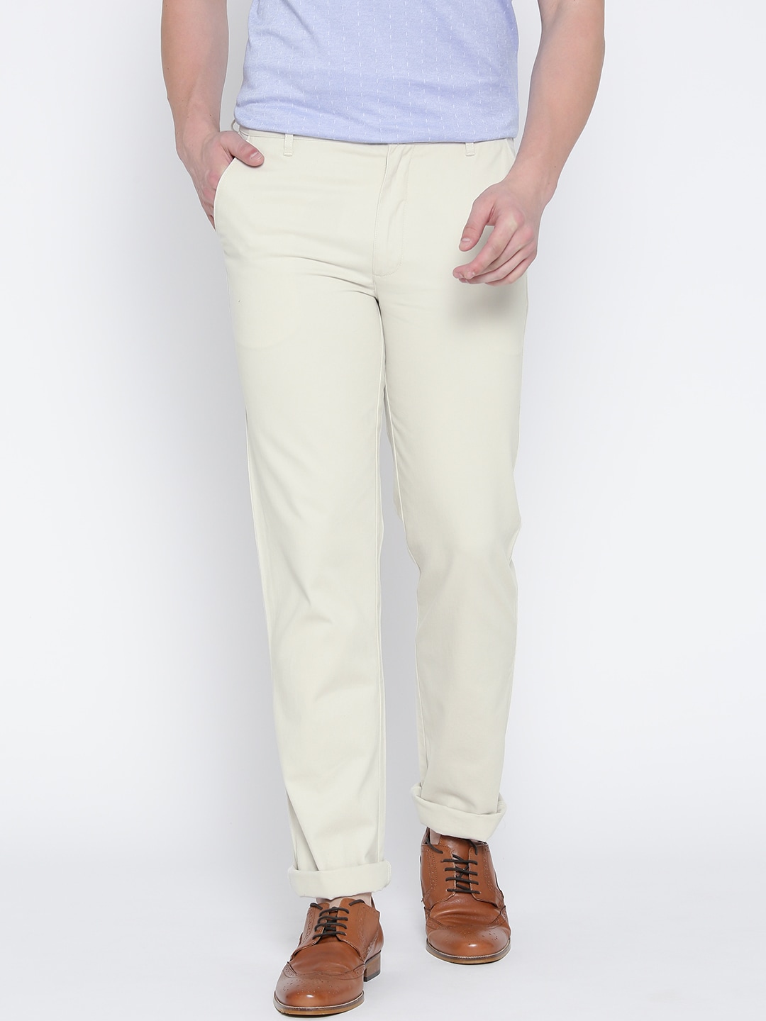 John Players Men Cream-Coloured Solid Chinos