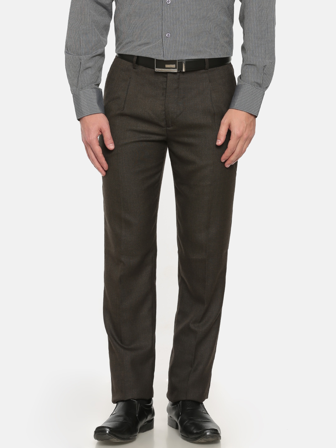 John Players Men Brown Solid Formal Trousers