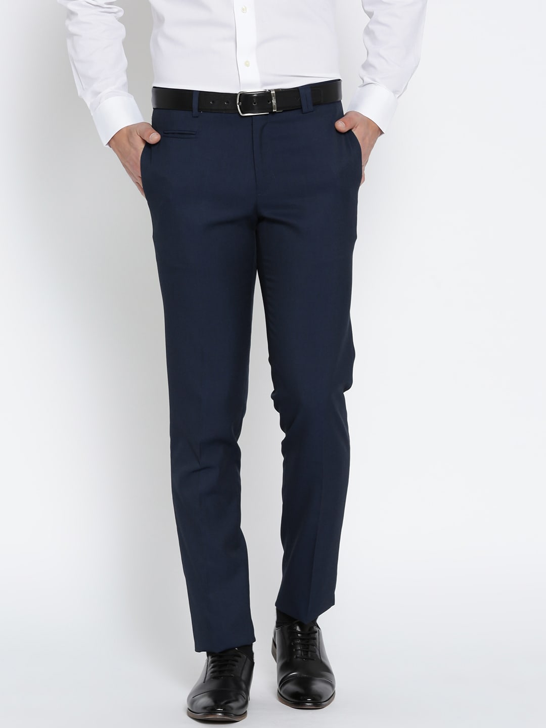 John Players Men Navy Blue Regular Fit Solid Formal Trousers