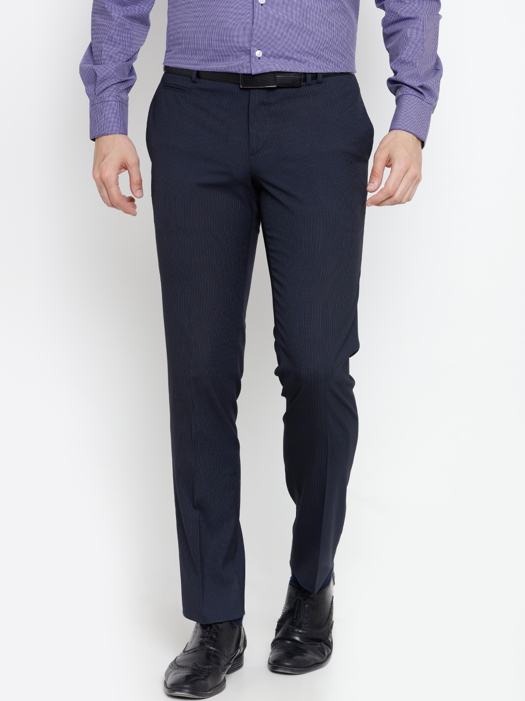 John Players Men Navy Slim Fit Self Design Formal Trousers