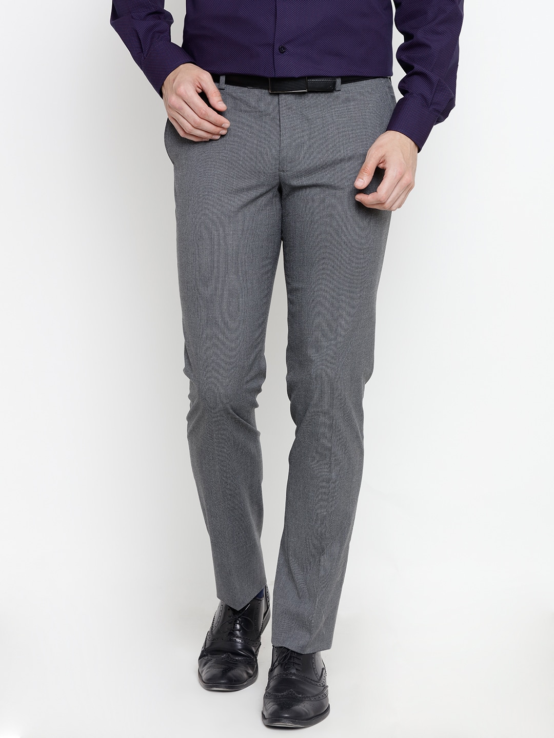 John Players Men Grey Slim Fit Solid Formal Trousers