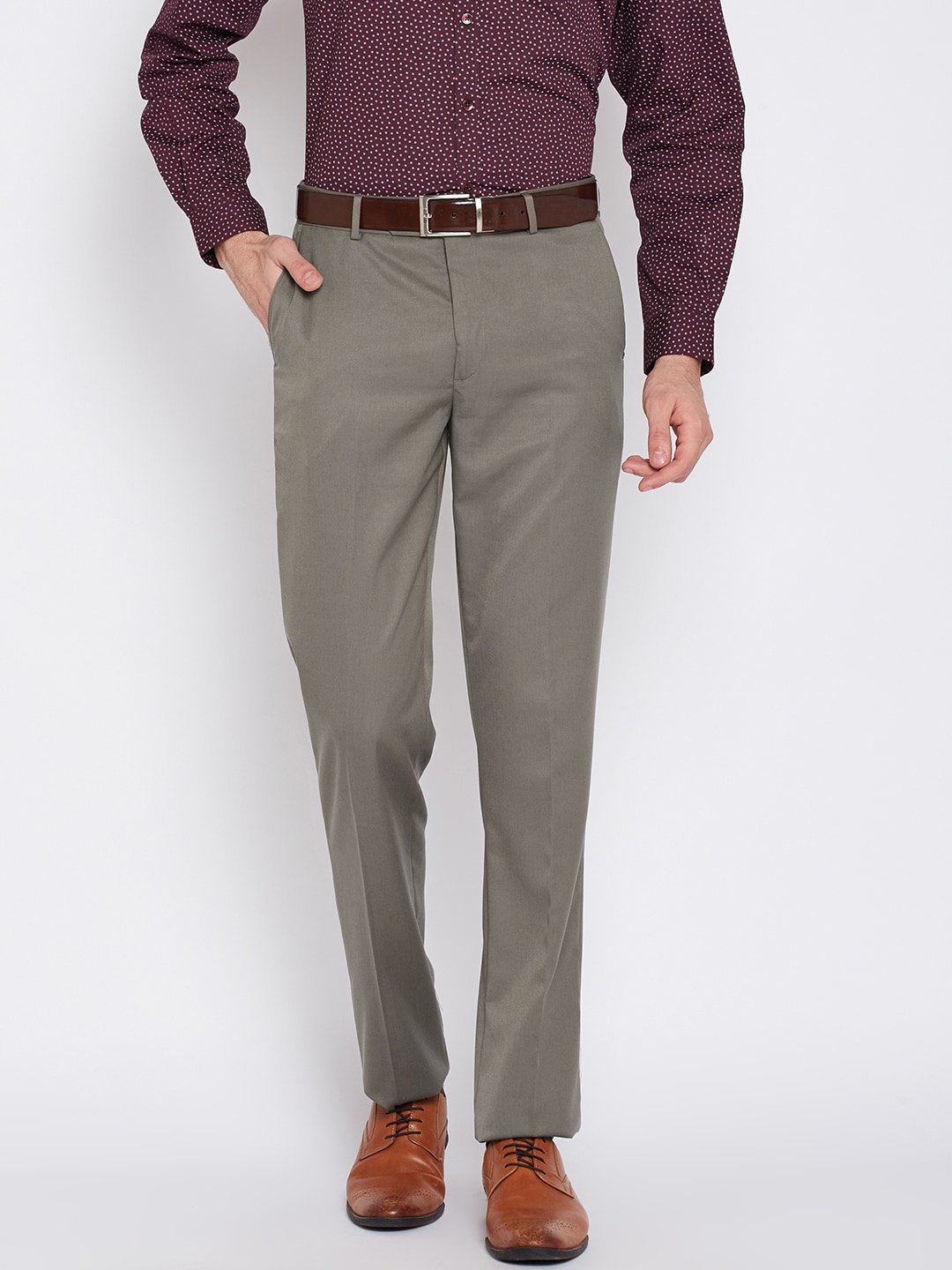 John Players Men Taupe Solid Formal Trousers