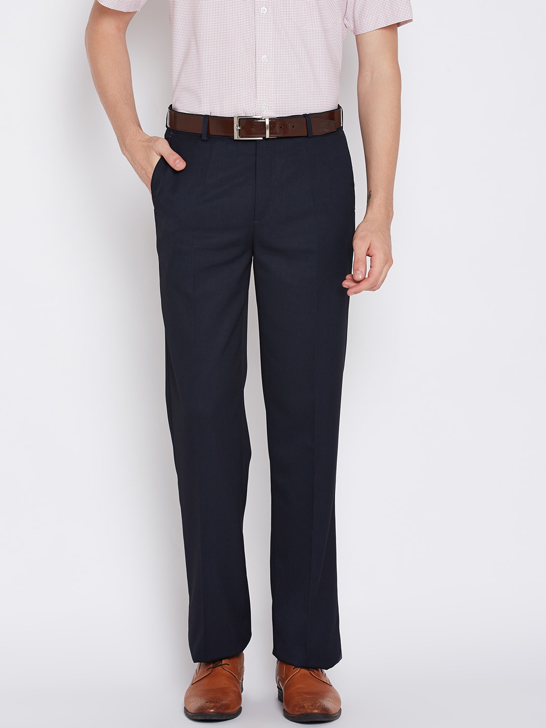 John Players Men Navy Blue Solid Formal Trousers