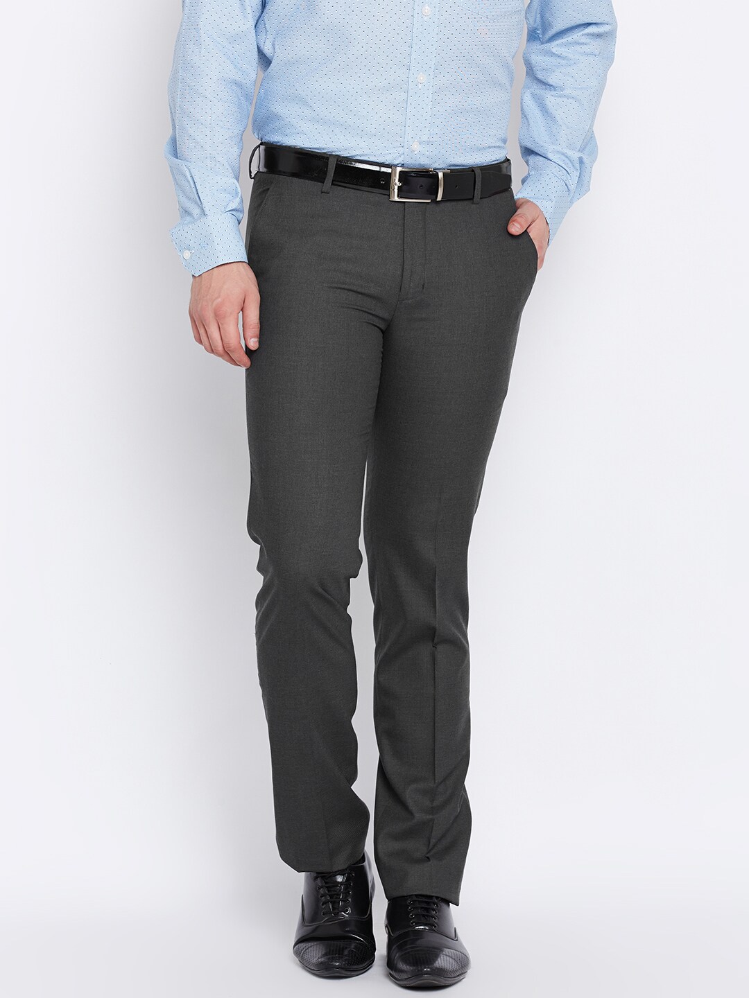 John Players Men Grey Slim Fit Solid Formal Trousers