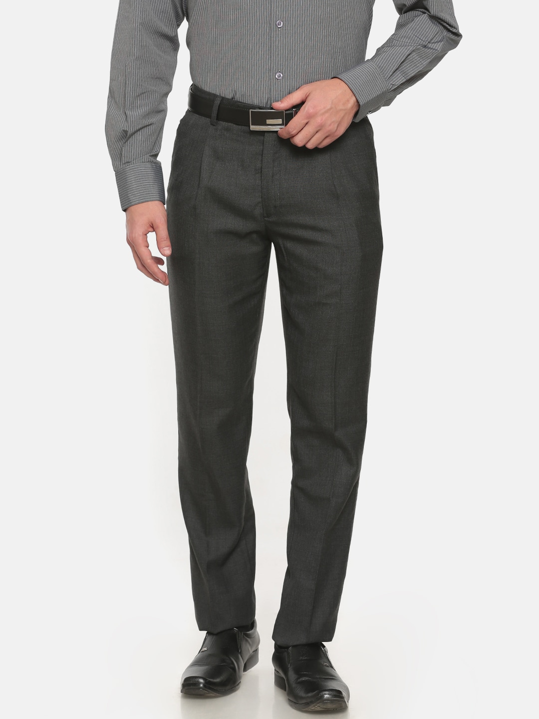 John Players Men Charcoal Grey Solid Formal Trousers