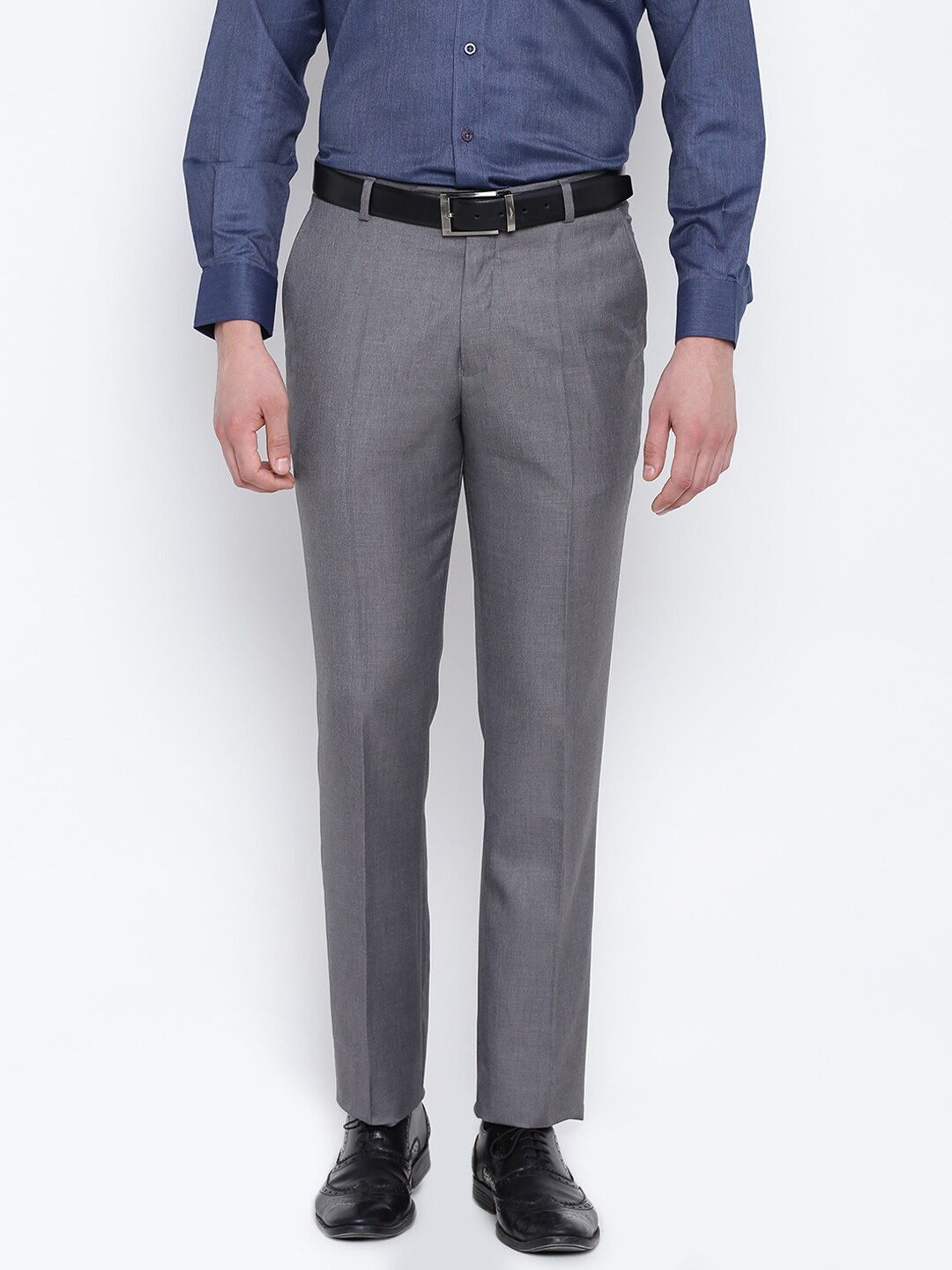 John Players Men Grey Solid Formal Trousers