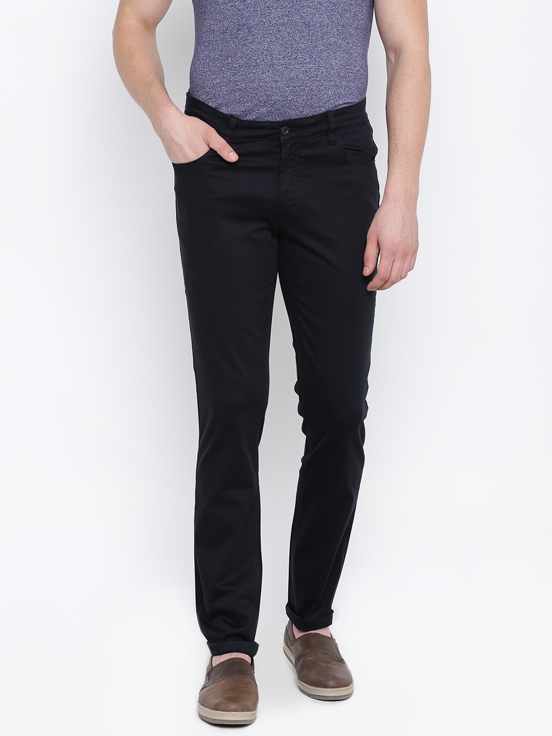 John Players Men Black Slim Fit Solid Casual Trousers