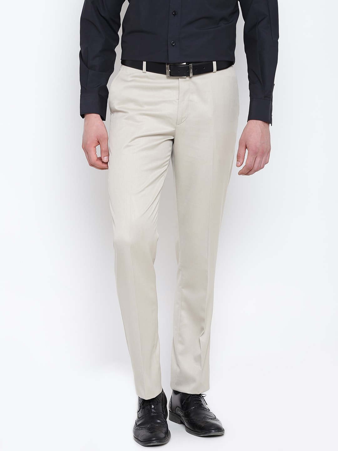 John Players Men Beige Solid Formal Trousers