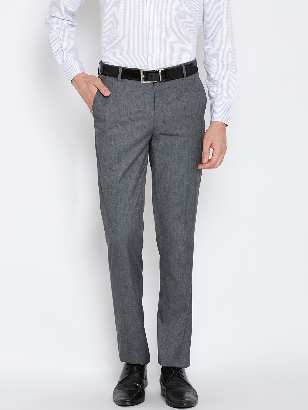 John Players Men Charcoal Grey Solid Formal Trousers