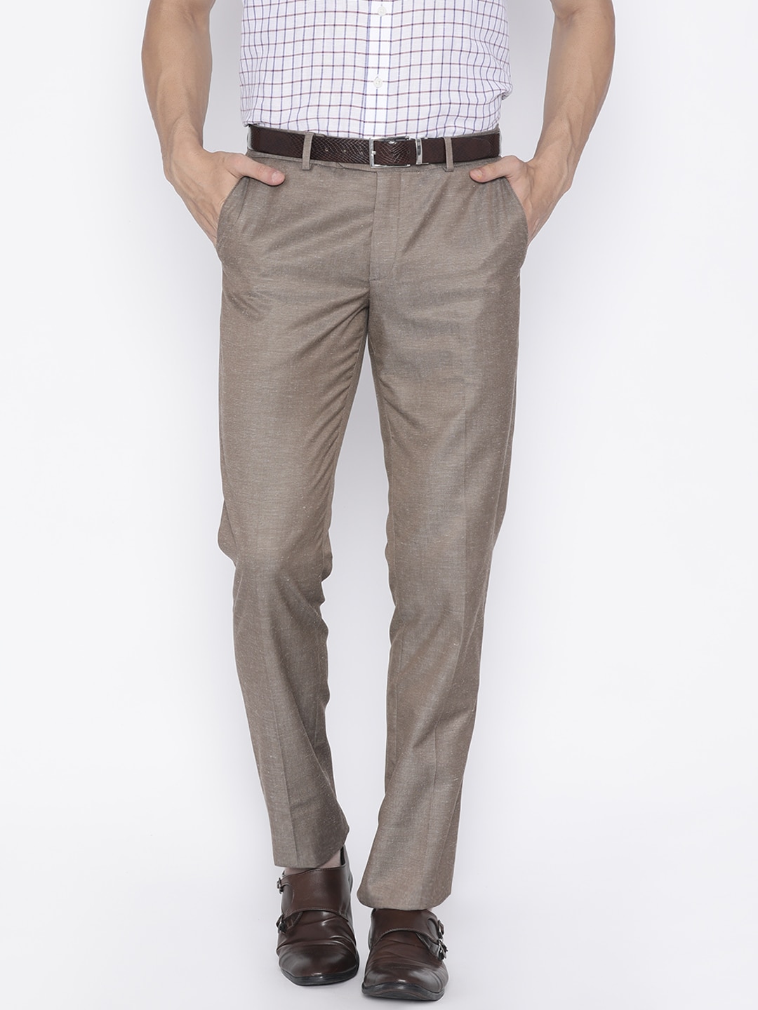 John Players Men Beige Slim Fit Solid Formal Trousers