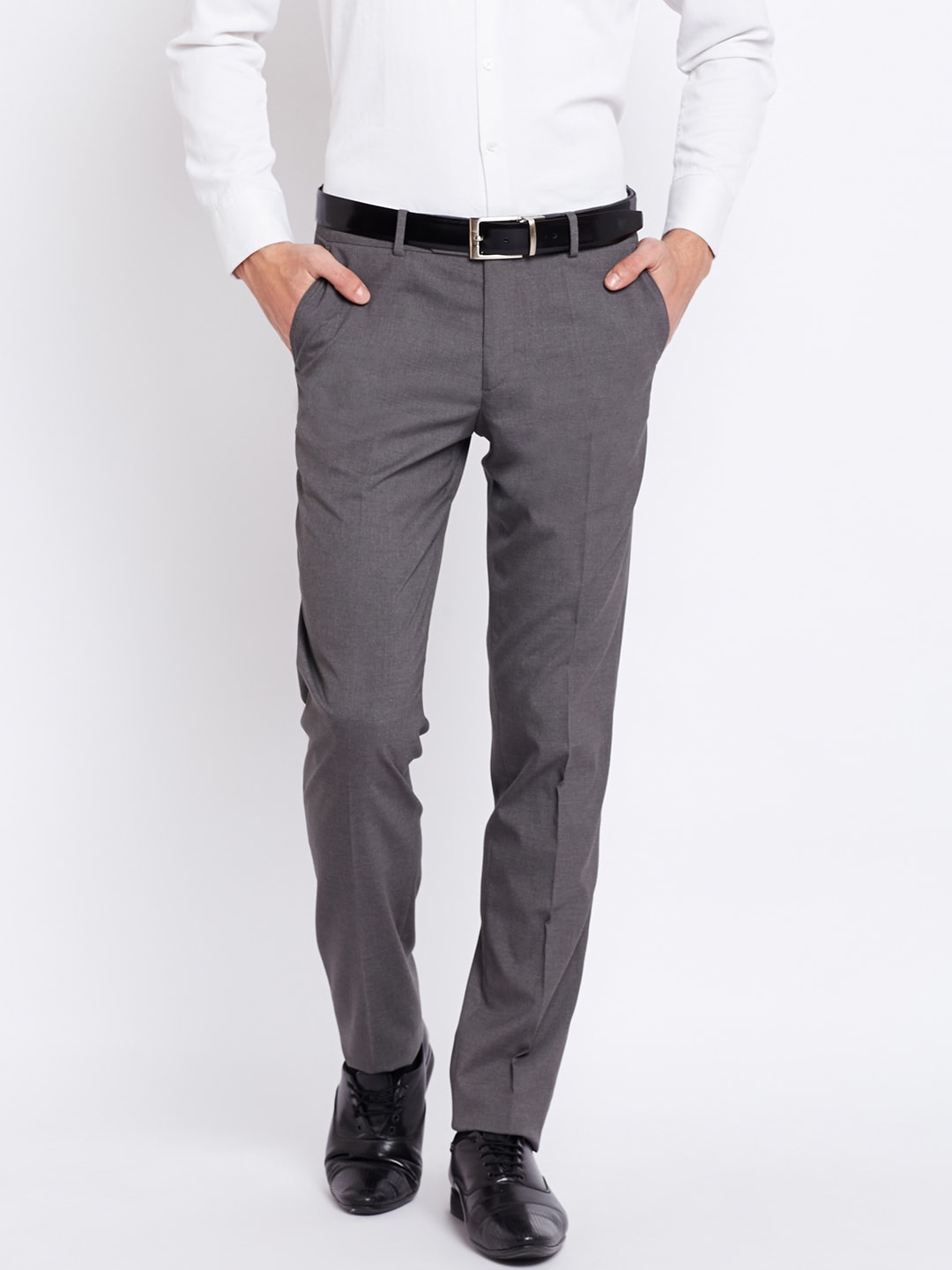 John Players Men Grey Slim Fit Solid Formal Trousers