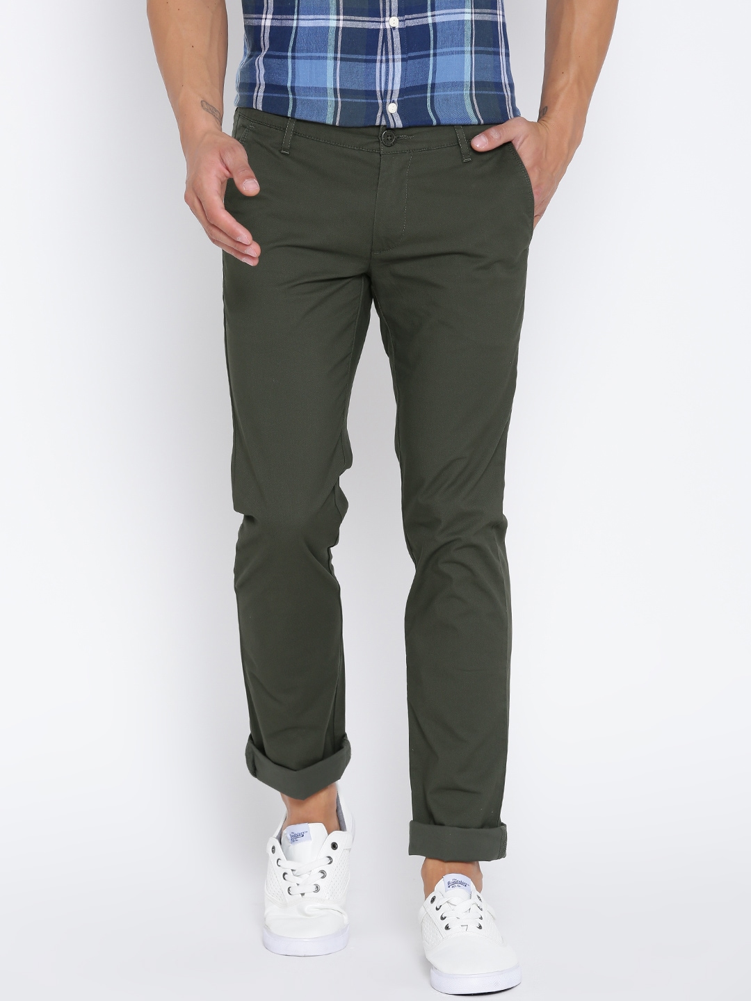 John Players Men Olive Green Skinny Fit Solid Trousers