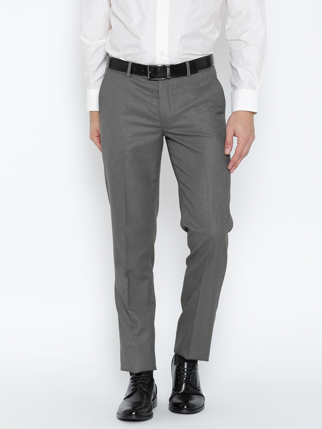 John Players Men Grey Slim Fit Self Design Formal Trousers