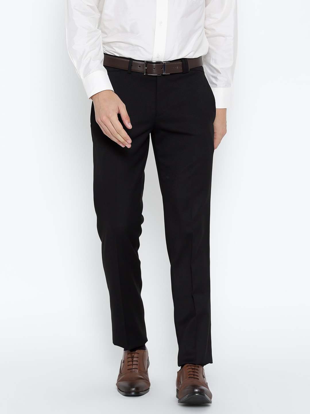 John Players Men Black Slim Fit Solid Formal Trousers