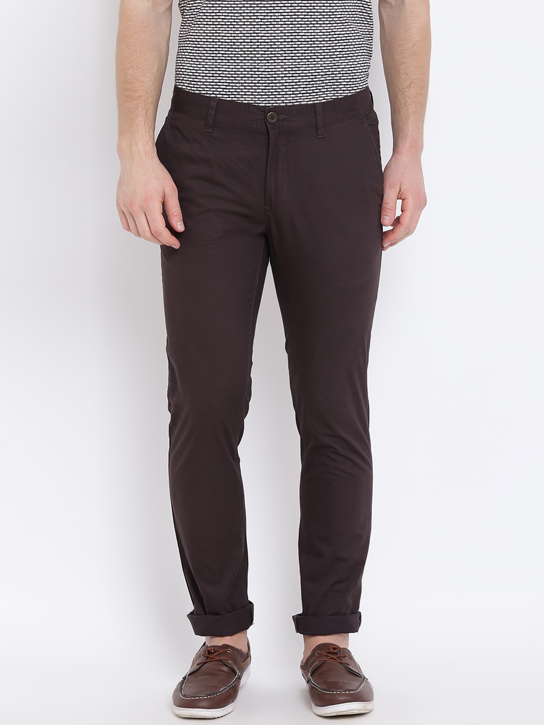 John Players Men Coffee Brown Slim Fit Solid Chinos