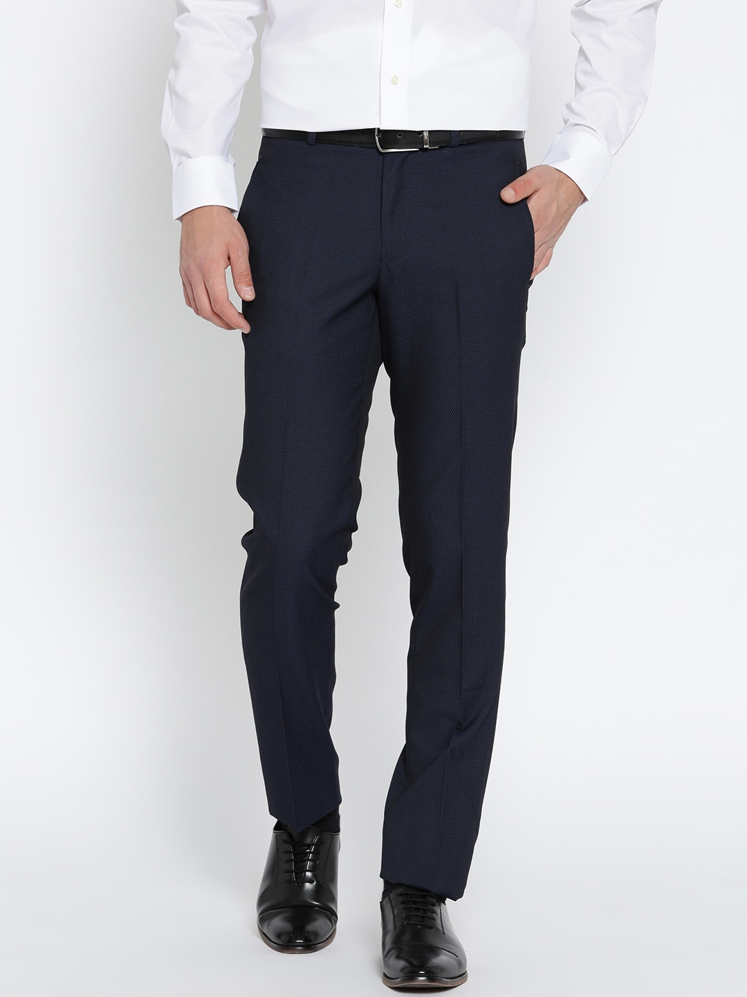 John Players Men Navy Slim Fit Self Design Formal Trousers