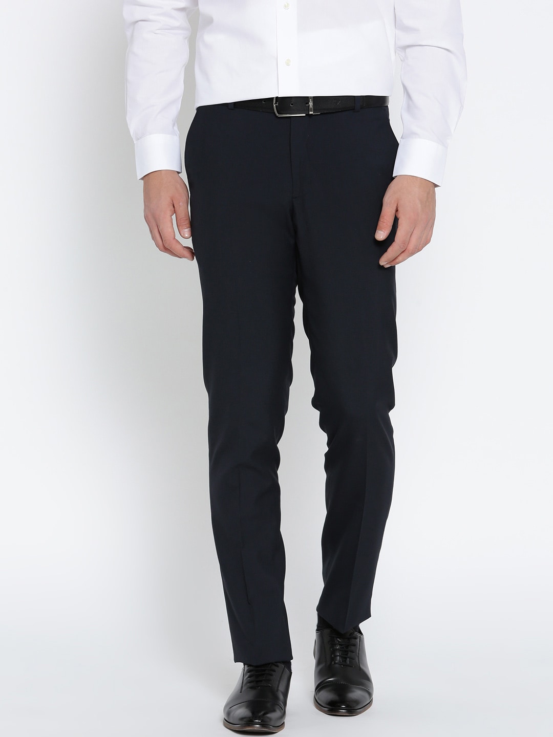 John Players Men Navy Blue Slim Fit Solid Formal Trousers