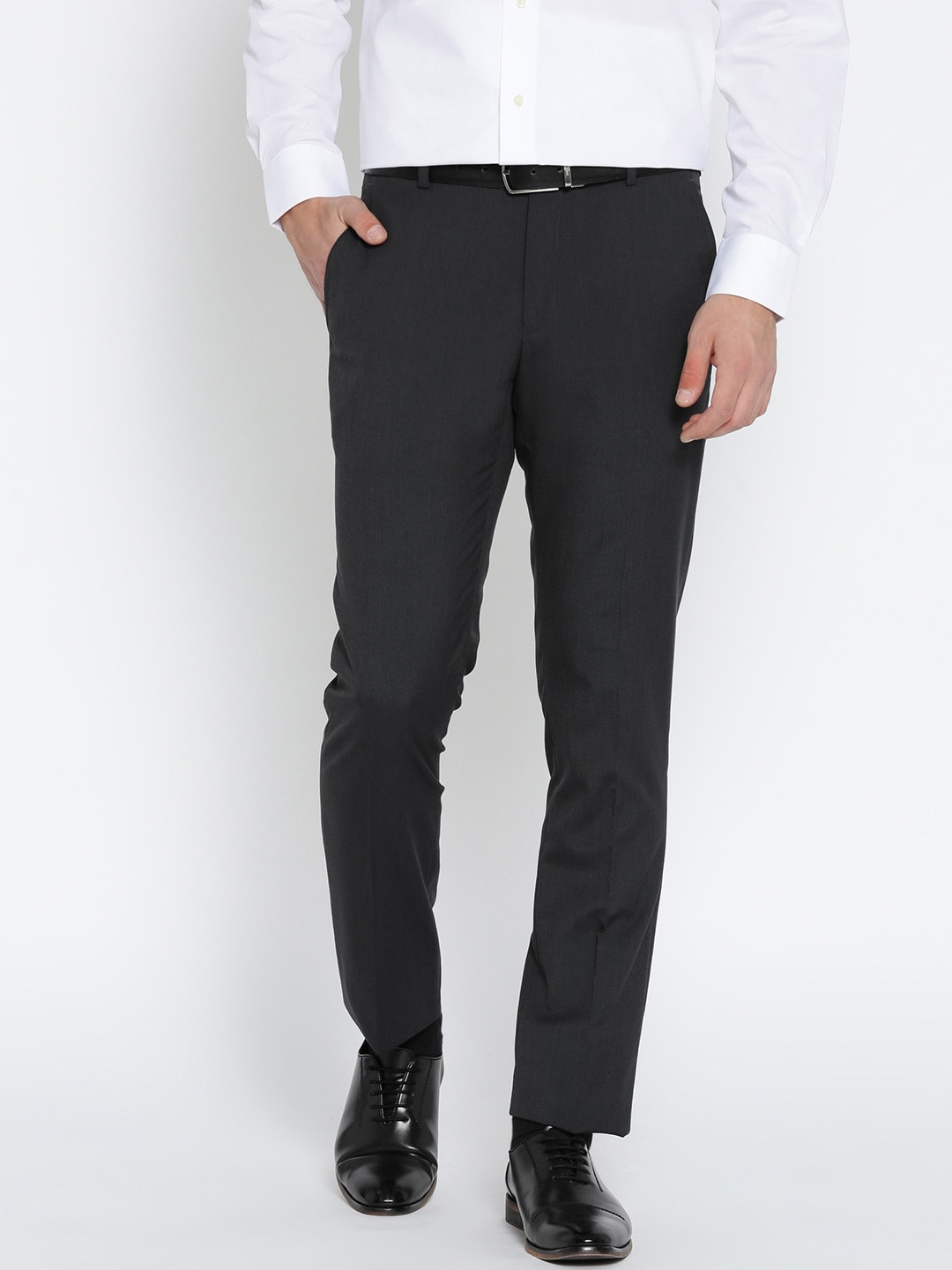 John Players Men Charcoal Grey Slim Fit Solid Formal Trousers